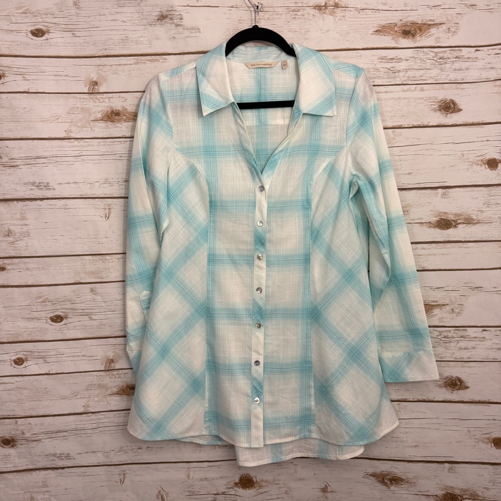 Soft Surroundings Blue Plaid Button Lagenlook Blo… - image 1
